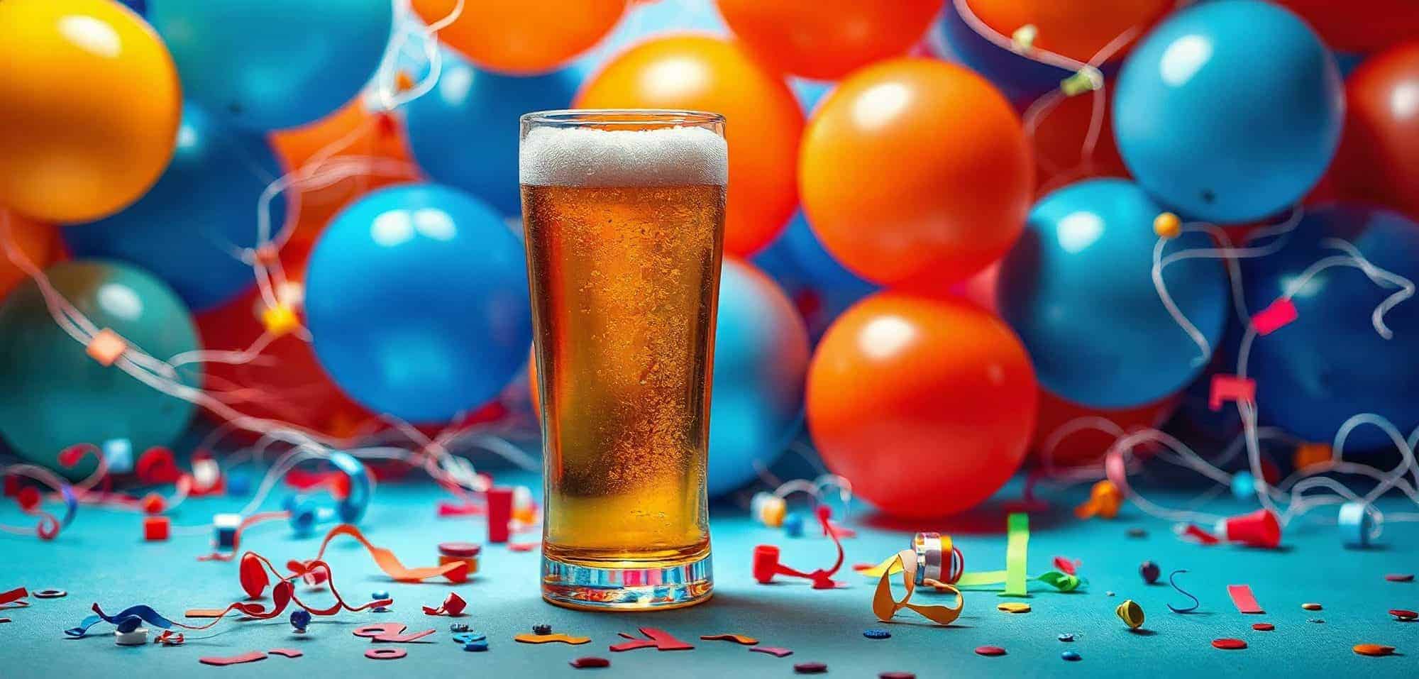 A glass of beer stands on a table surrounded by colorful balloons and confetti as a Chicago brewery tour is a great way to celebrate a birthday.
