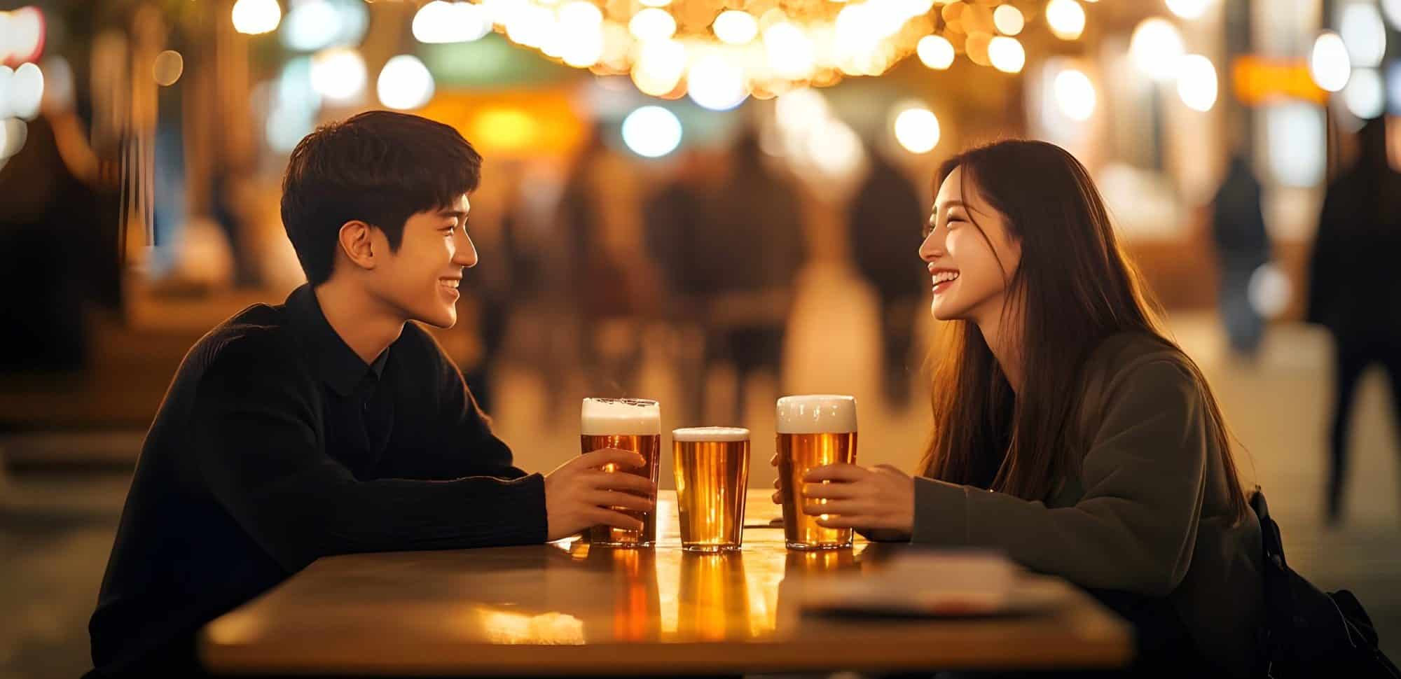 Two people sitting at a table outdoors, each holding a glass of beer. They are smiling at each other with blurred lights in the background.