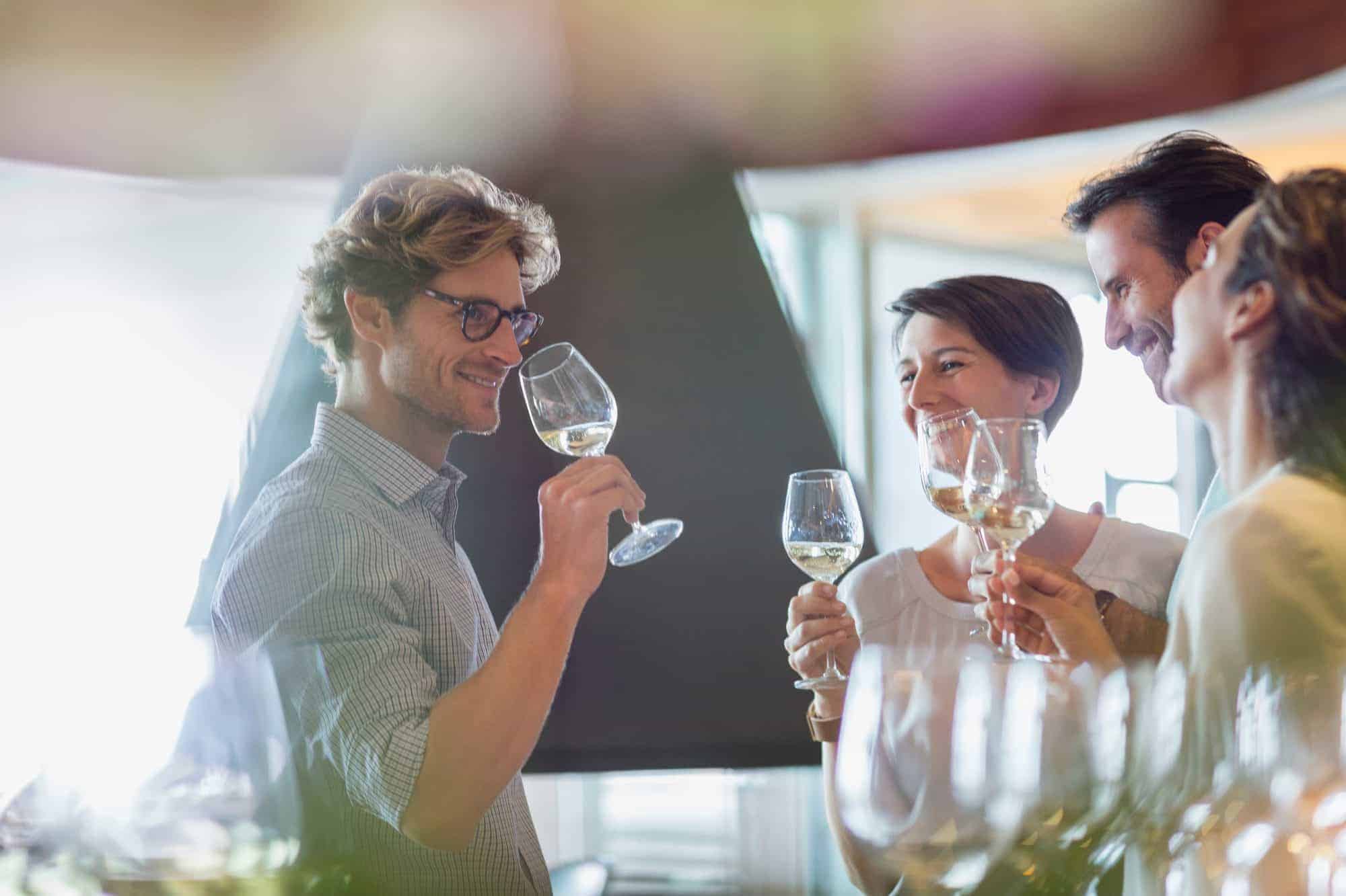 Coworkers at wine tasting together as part of Chicago Corporate Outing.