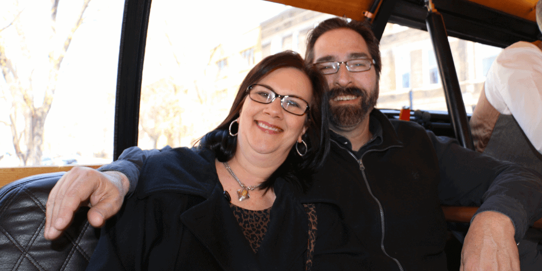 two people photographed on the Chicago Public Tour with barrel bus