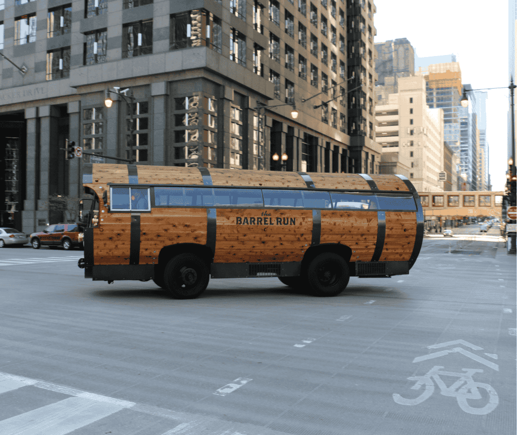 side angle of The Barrel Run charter bus in Chicago