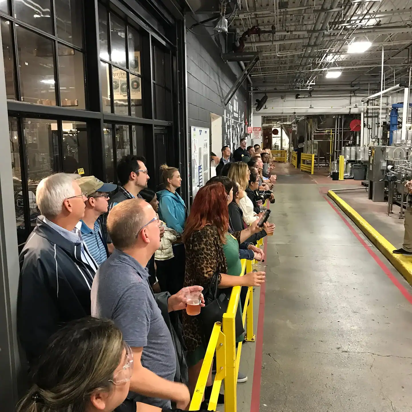 people standing and looking at brewing equipment